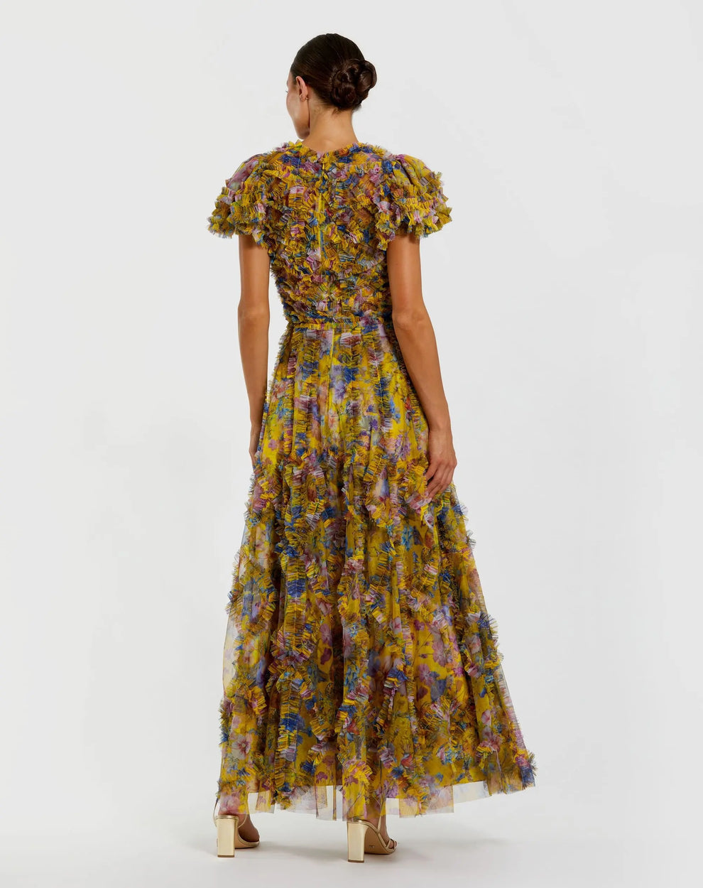 Cocktail Dresses Tea Length Short Floral Ruffle Cocktail Dress Mac Duggal 8338 Yellow Multi