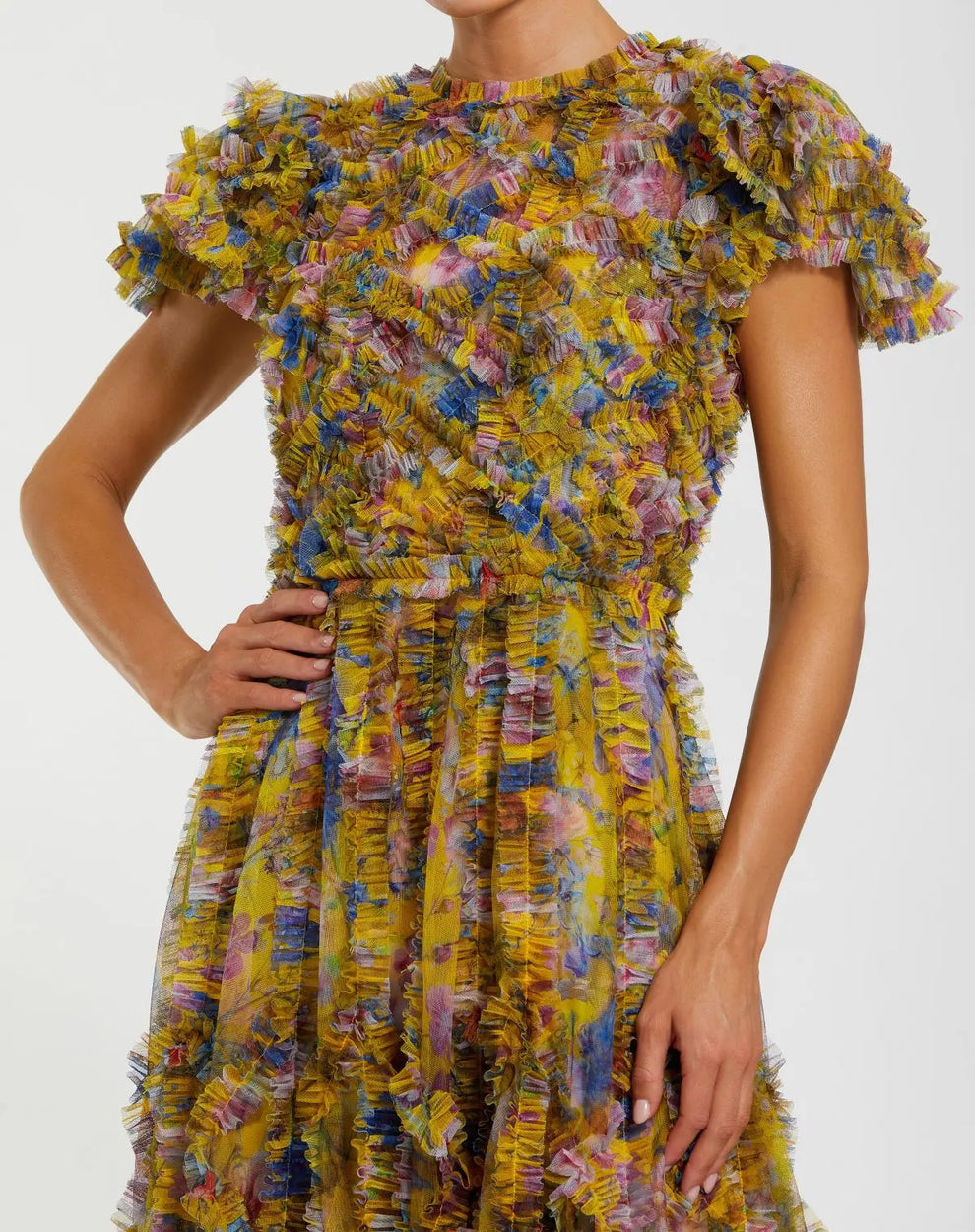 Cocktail Dresses Tea Length Short Floral Ruffle Cocktail Dress Mac Duggal 8338 Yellow Multi