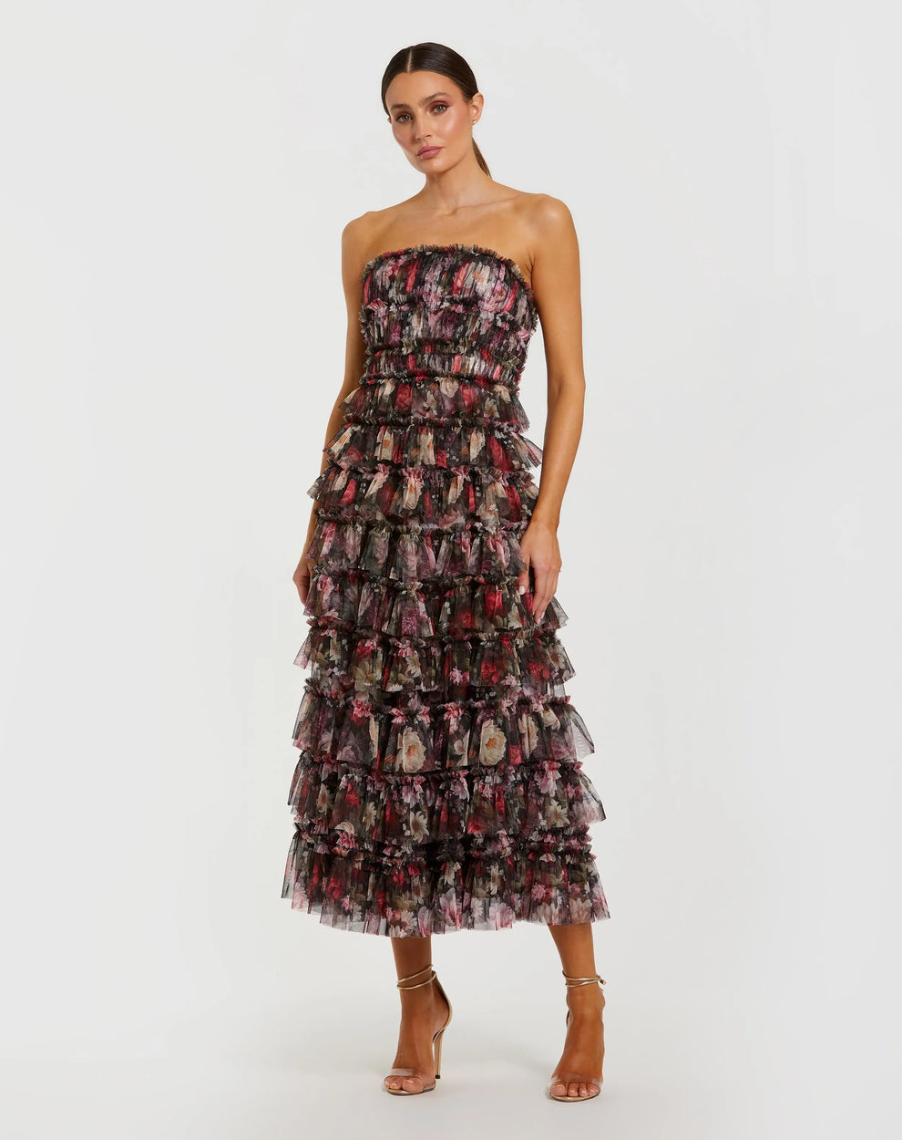 Mac Duggal Women's Strapless Micro Ruffle A Line Midi Dress - Black Multi Mac Duggal Women's Strapless Micro Ruffle A Line Midi Dress - Black Multi