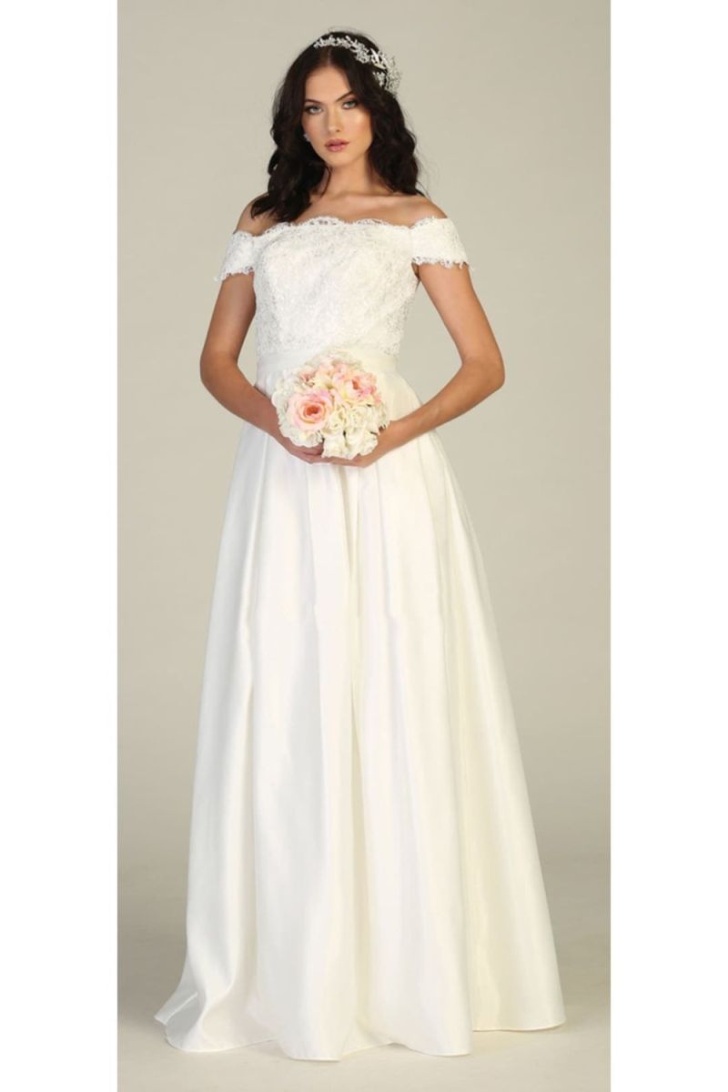Ivory Off-the-Shoulder Floor-Length Lace Satin Wedding Dress Pockets May Queen MQ1762