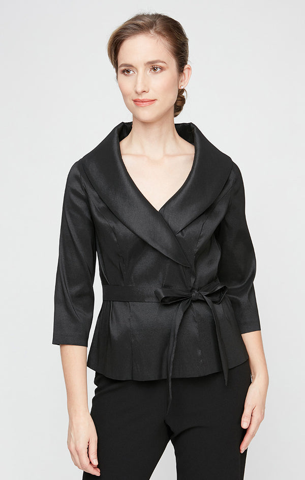 Top Shawl Collar Waist-Length Taffeta Formal Top Wrap Jacket Alex Evenings 8366625 Black