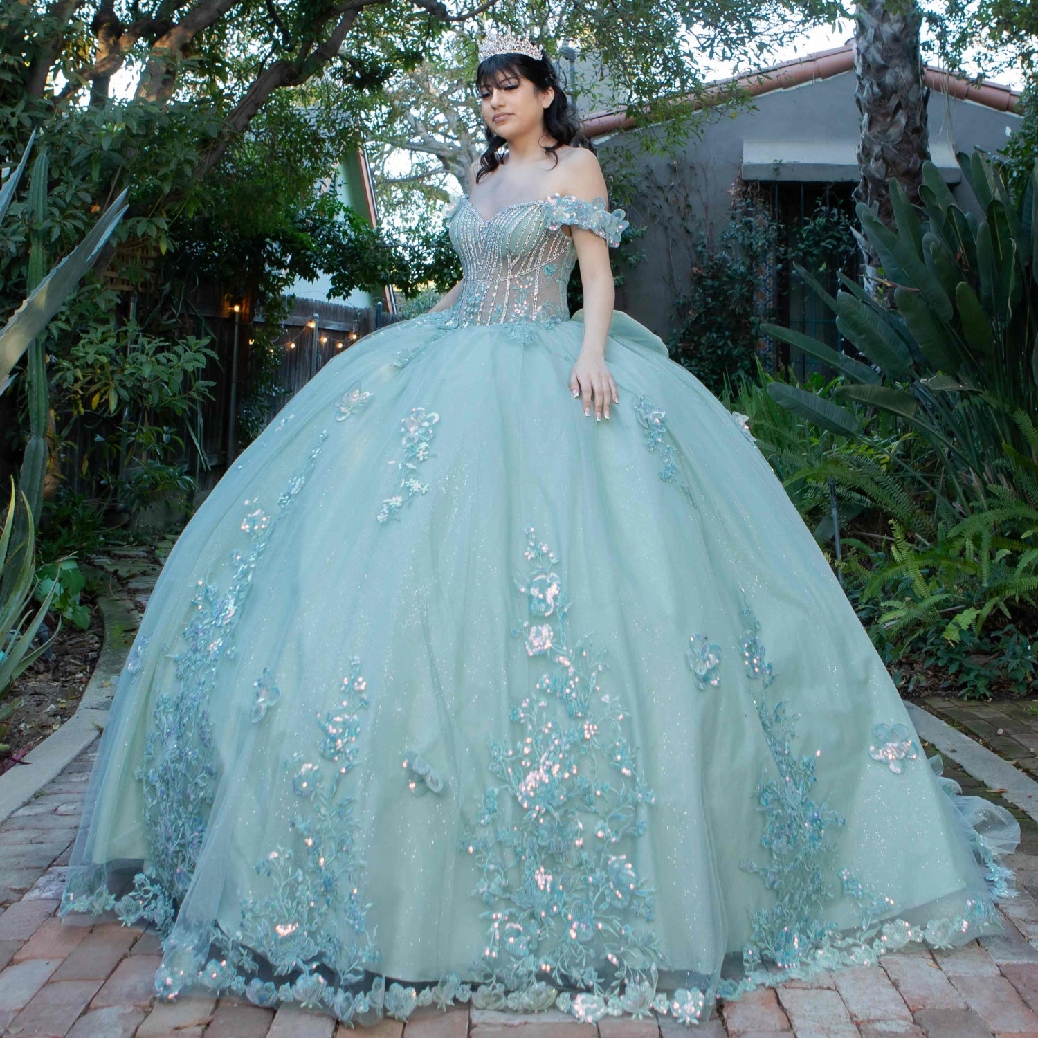 Quinceniera Dresses Ball Gown Sequin Floral Applique Quinceanera Dress Cinderella Couture 8370J Sage