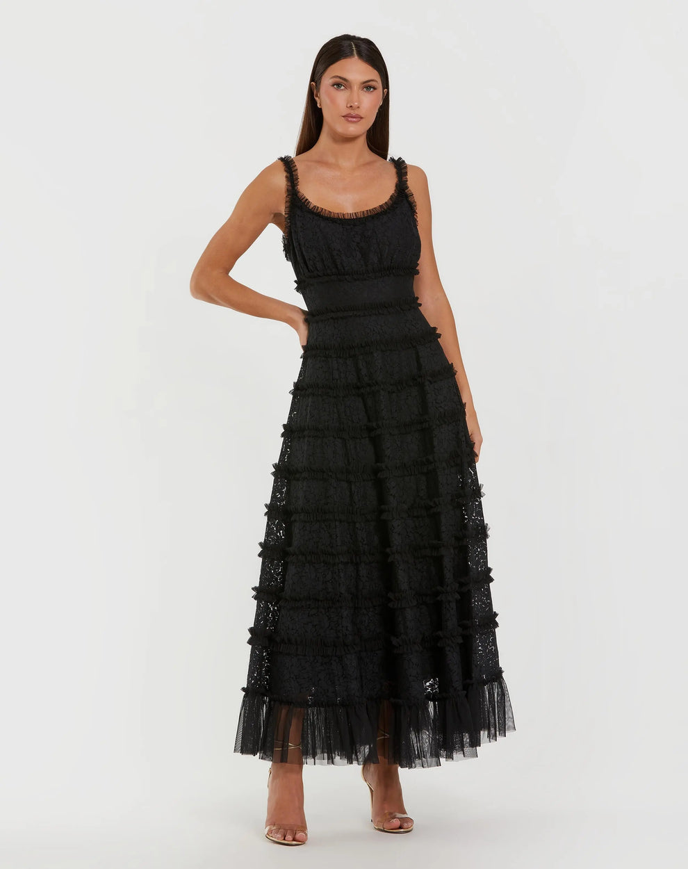 Formal Dresses Long A Line Formal Floral Lace Ruffle Prom Dress Black