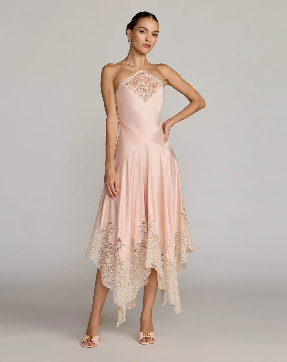 Mac Duggal Lace Trim Halterneck Midi Dress