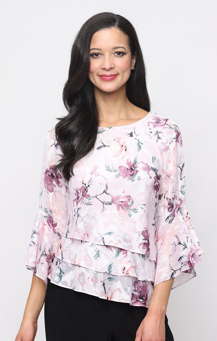Blush Multi Bateau Neck Hip-Length Chiffon Semi-Formal Tiered Bell Sleeve Blouse Alex Evenings 83751014