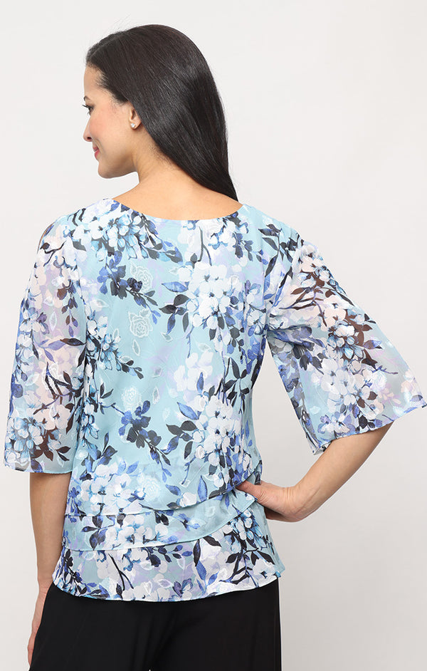 Mint Multi Keyhole Neck Printed Chiffon Petite Top with Tiered Hem and 3/4 Bell Sleeves Alex Evenings 82751016