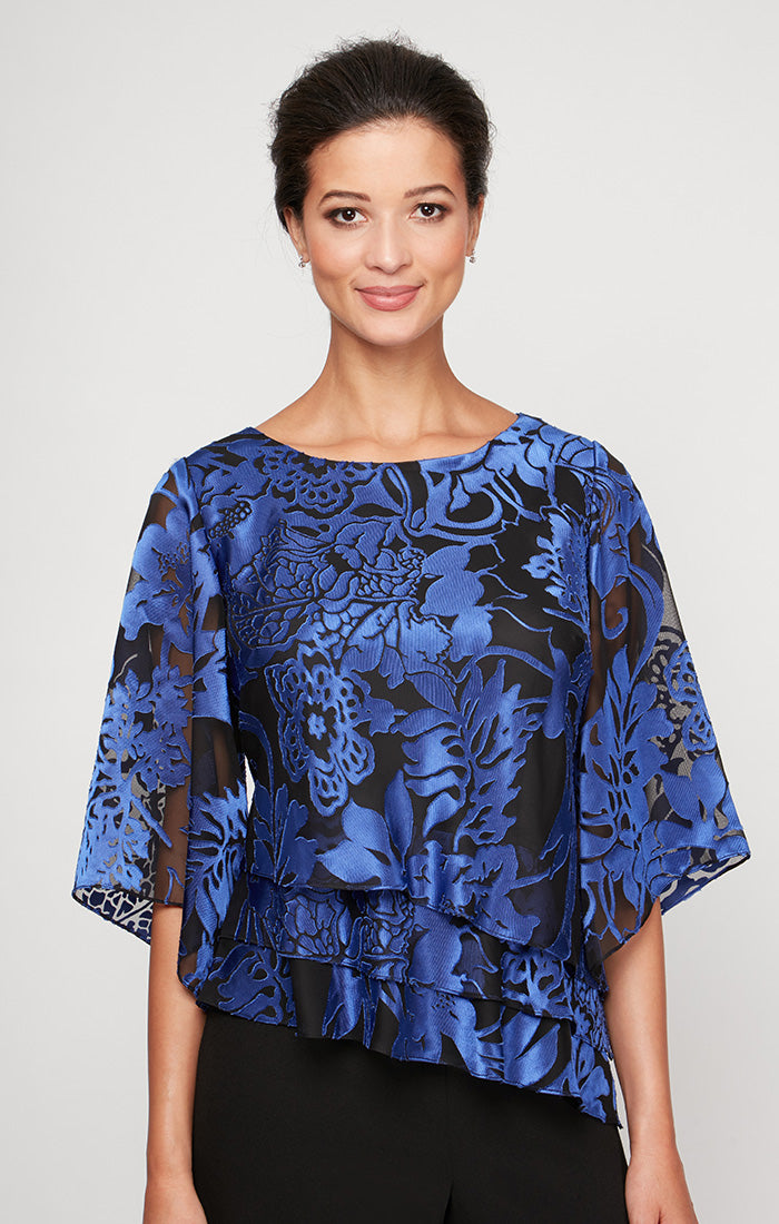 Black Royal Bateau Asymmetrical Chiffon Floral Formal Top with Sheer Overlay Petite Alex Evenings 8275687