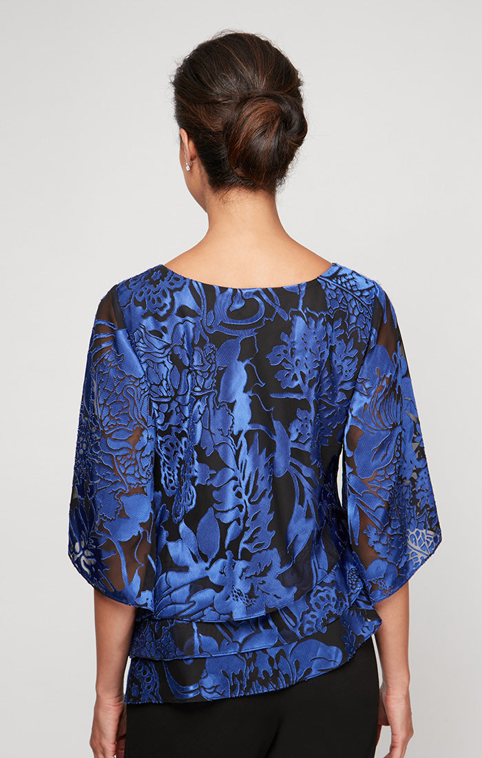 Black Royal Bateau Asymmetrical Chiffon Floral Formal Top with Sheer Overlay Petite Alex Evenings 8275687