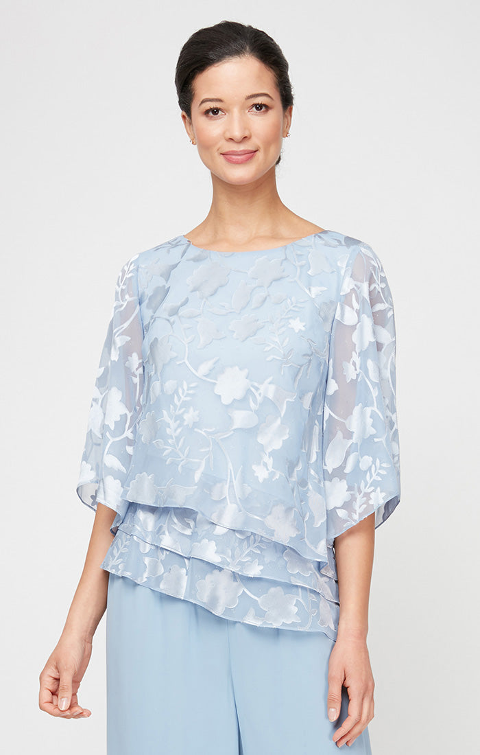 Hydrangea Scoop-Neck Full-Length Floral Chiffon Evening Top with Layered Tier Hem Petite Alex Evenings 8275812