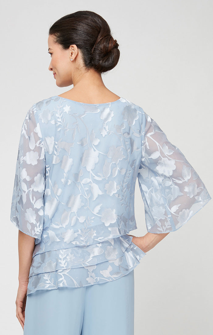 Hydrangea Scoop-Neck Full-Length Floral Chiffon Evening Top with Layered Tier Hem Petite Alex Evenings 8275812