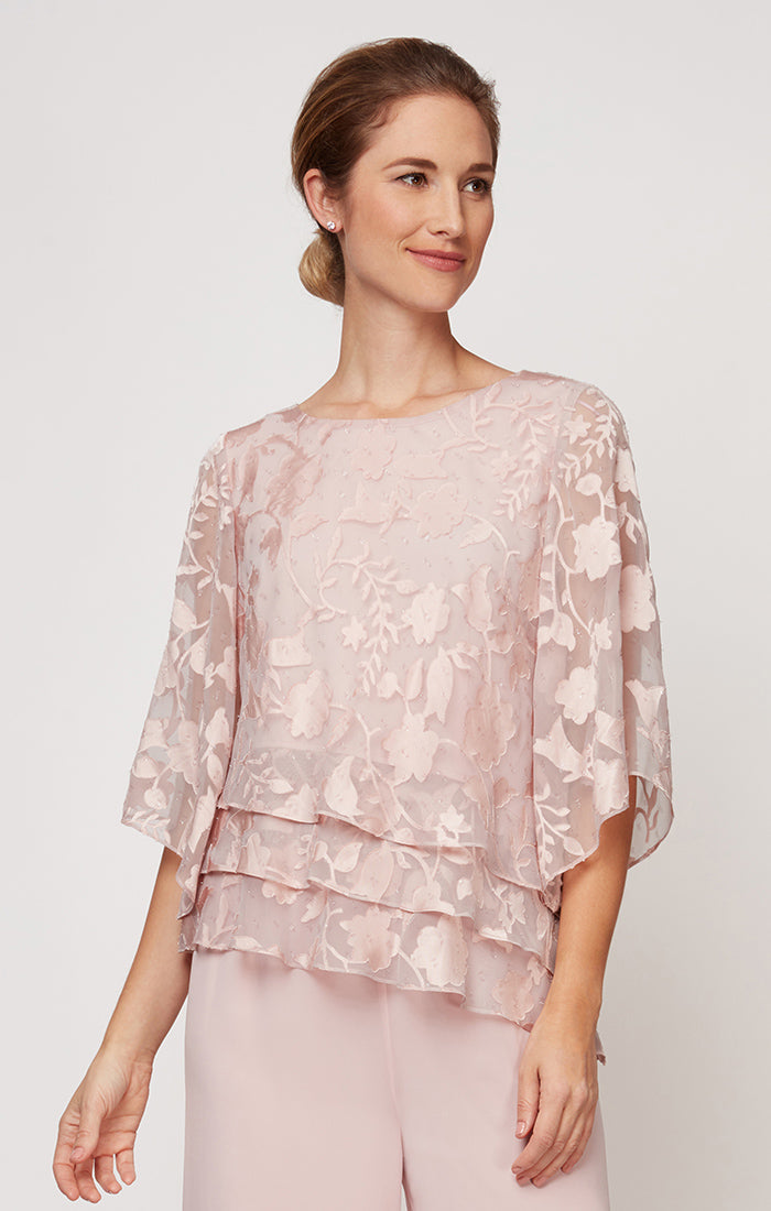 Shell Pink Scoop-Neck Full-Length Floral Chiffon Evening Top with Layered Tier Hem Petite Alex Evenings 8275812