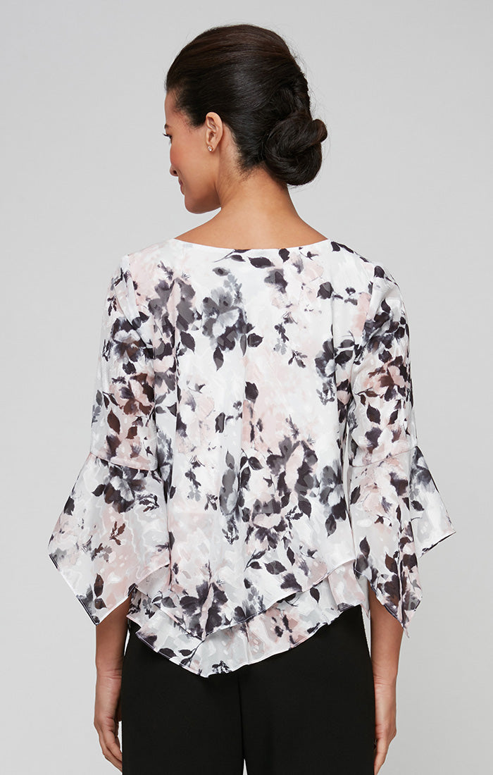 Ivory/Pink Scoop-Neck Waist-Length Floral Chiffon Evening Top with Layered Asymmetrical Hem Plus Size Alex Evenings 8475930