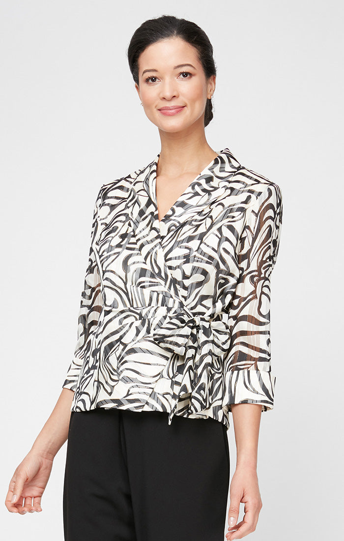 Ivory Black V-Neck Waist-Length Printed  Chiffon Cocktail Wrap Top with Side Tie Petite Alex Evenings 8275935