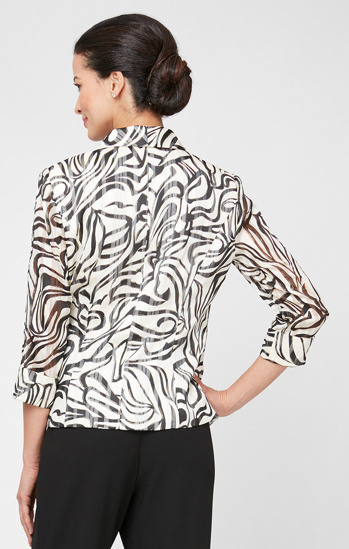 Ivory Black V-Neck Waist-Length Printed  Chiffon Cocktail Wrap Top with Side Tie Petite Alex Evenings 8275935