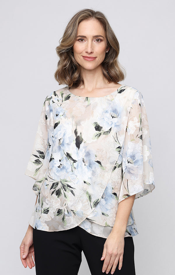 Taupe Multi Crew Neck Midi Chiffon Blouse with Tulip Overlay Detail Petite Blouse Alex Evenings 8275987