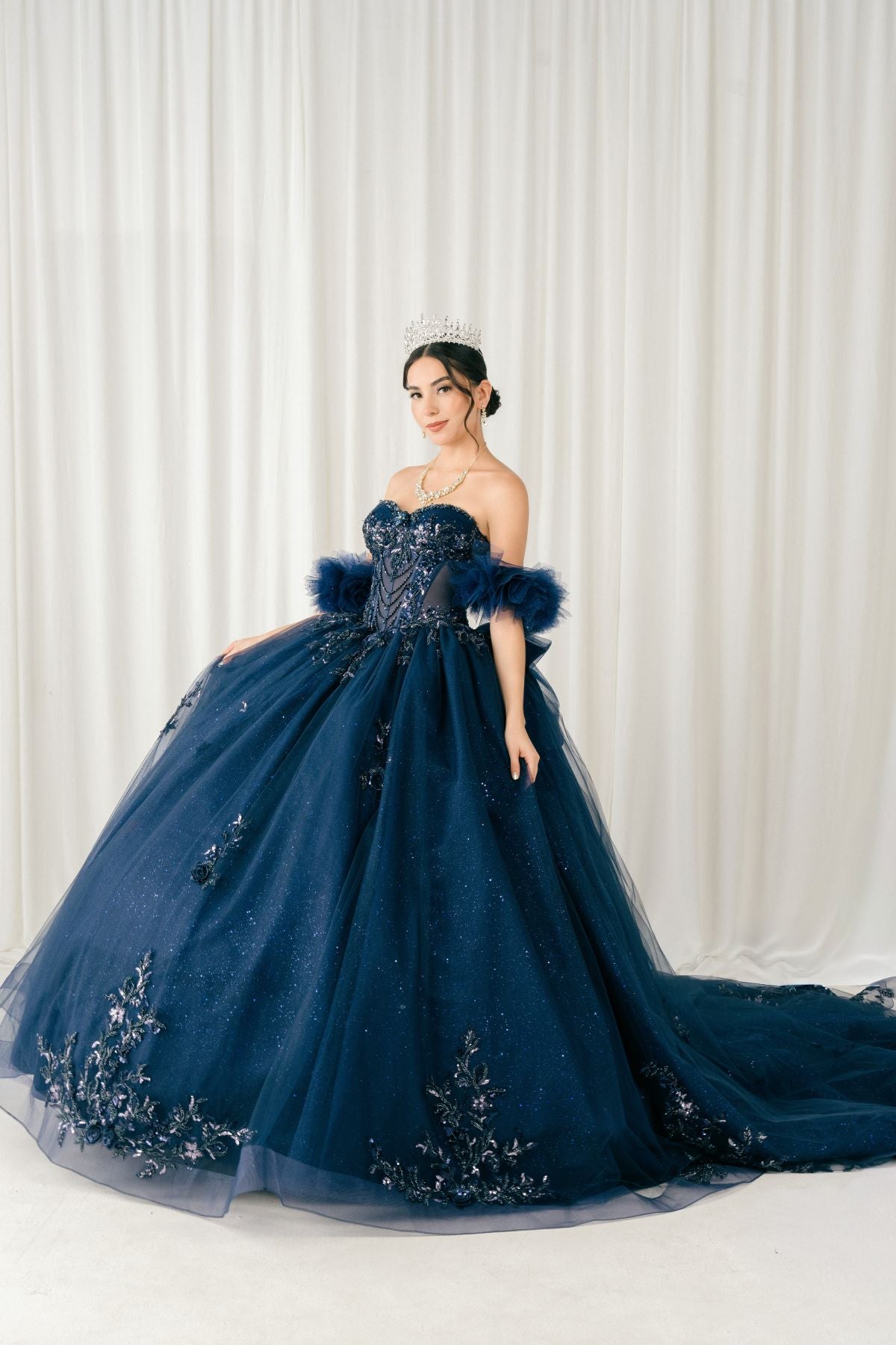 Quinceniera Dresses Long Glitter Corset Quinceanera Dress Cinderella Couture 8380J Navy