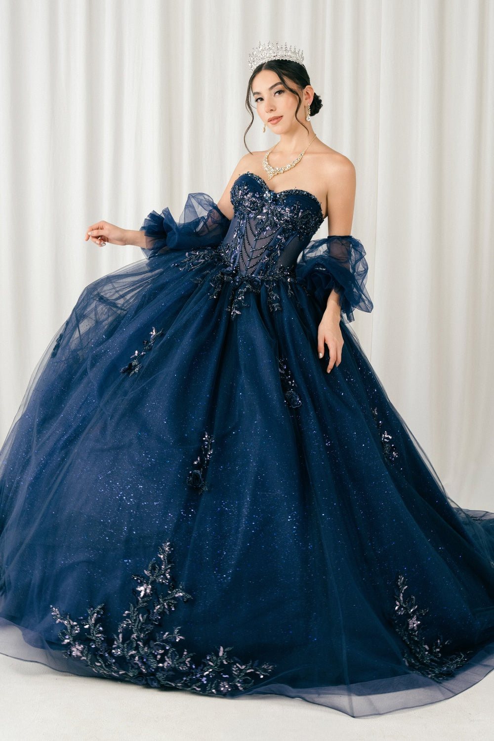 Quinceniera Dresses Long Glitter Corset Quinceanera Dress Cinderella Couture 8380J Navy