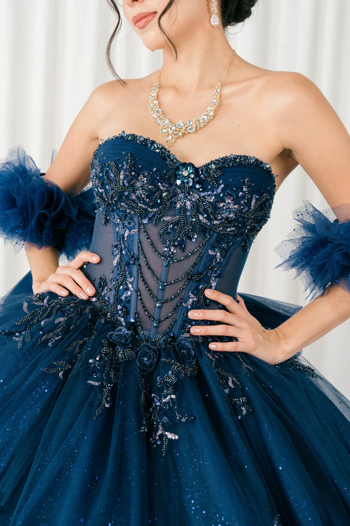 Quinceniera Dresses Long Glitter Corset Quinceanera Dress Cinderella Couture 8380J Navy