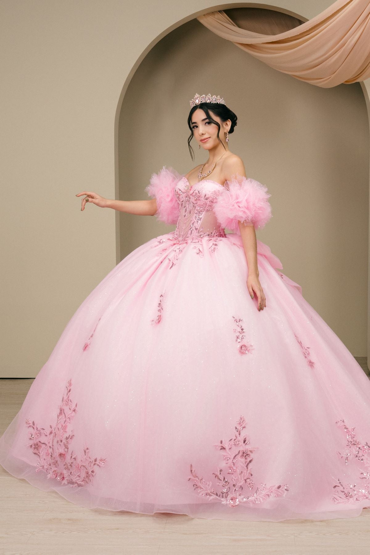 Quinceniera Dresses Long Glitter Corset Quinceanera Dress Cinderella Couture 8380J Pink