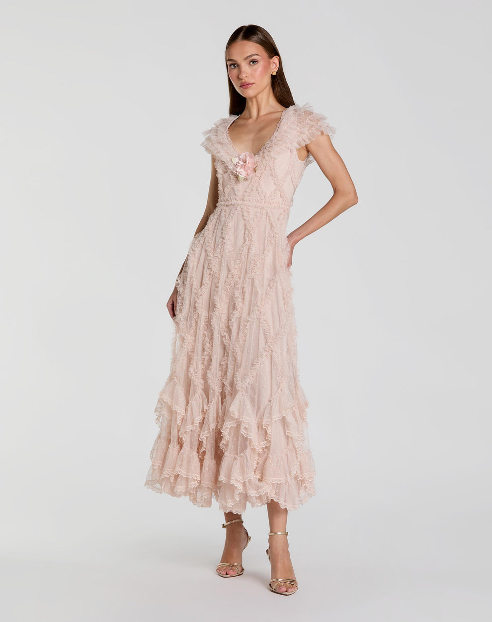 Cocktail Dresses Midi Lace Short Floral Ruffle Cocktail Dress Mac Duggal 8382 Blush