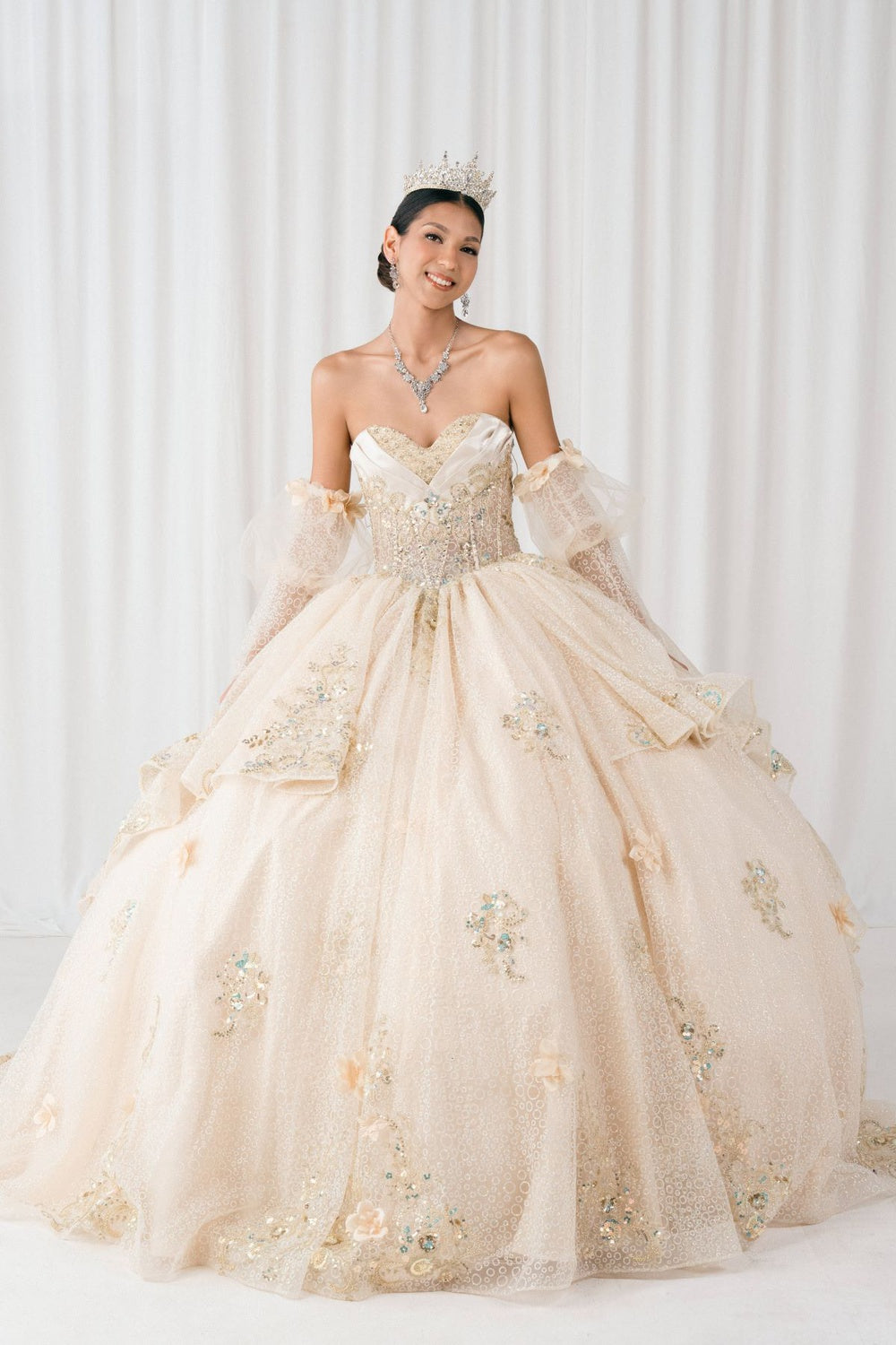 Quinceniera Dresses Beaded Long Sequin Ball Gown Quinceanera Dress Cinderella Couture 8385J Champagne