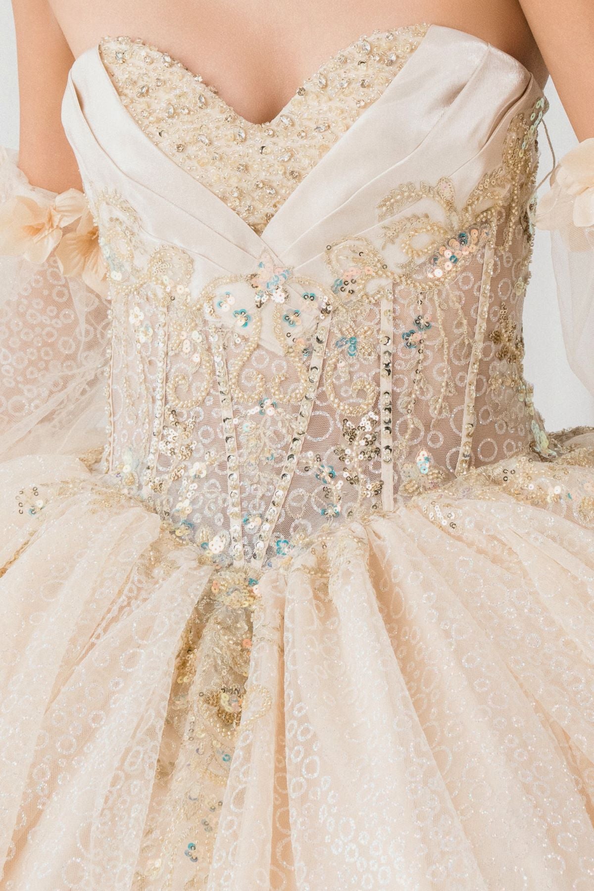 Quinceniera Dresses Beaded Long Sequin Ball Gown Quinceanera Dress Cinderella Couture 8385J Champagne