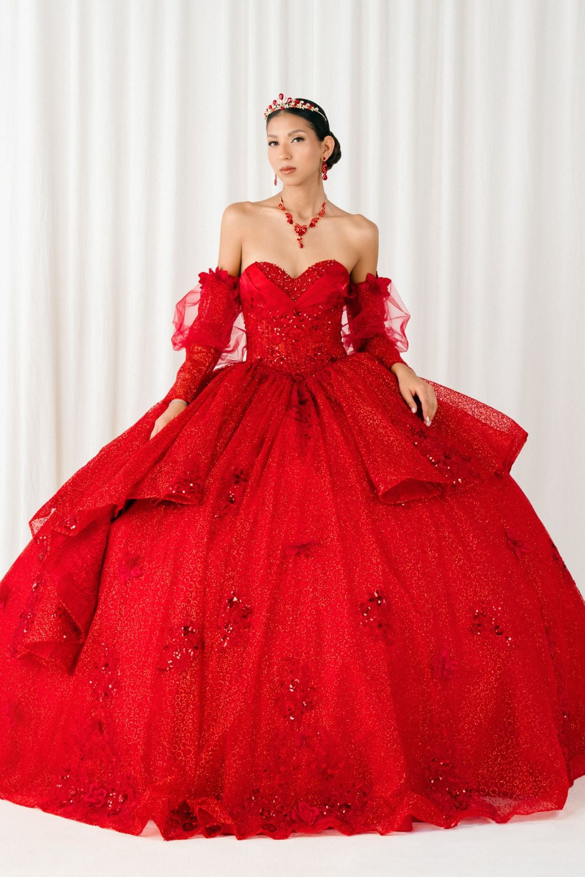 Quinceniera Dresses Beaded Long Sequin Ball Gown Quinceanera Dress Cinderella Couture 8385J Red