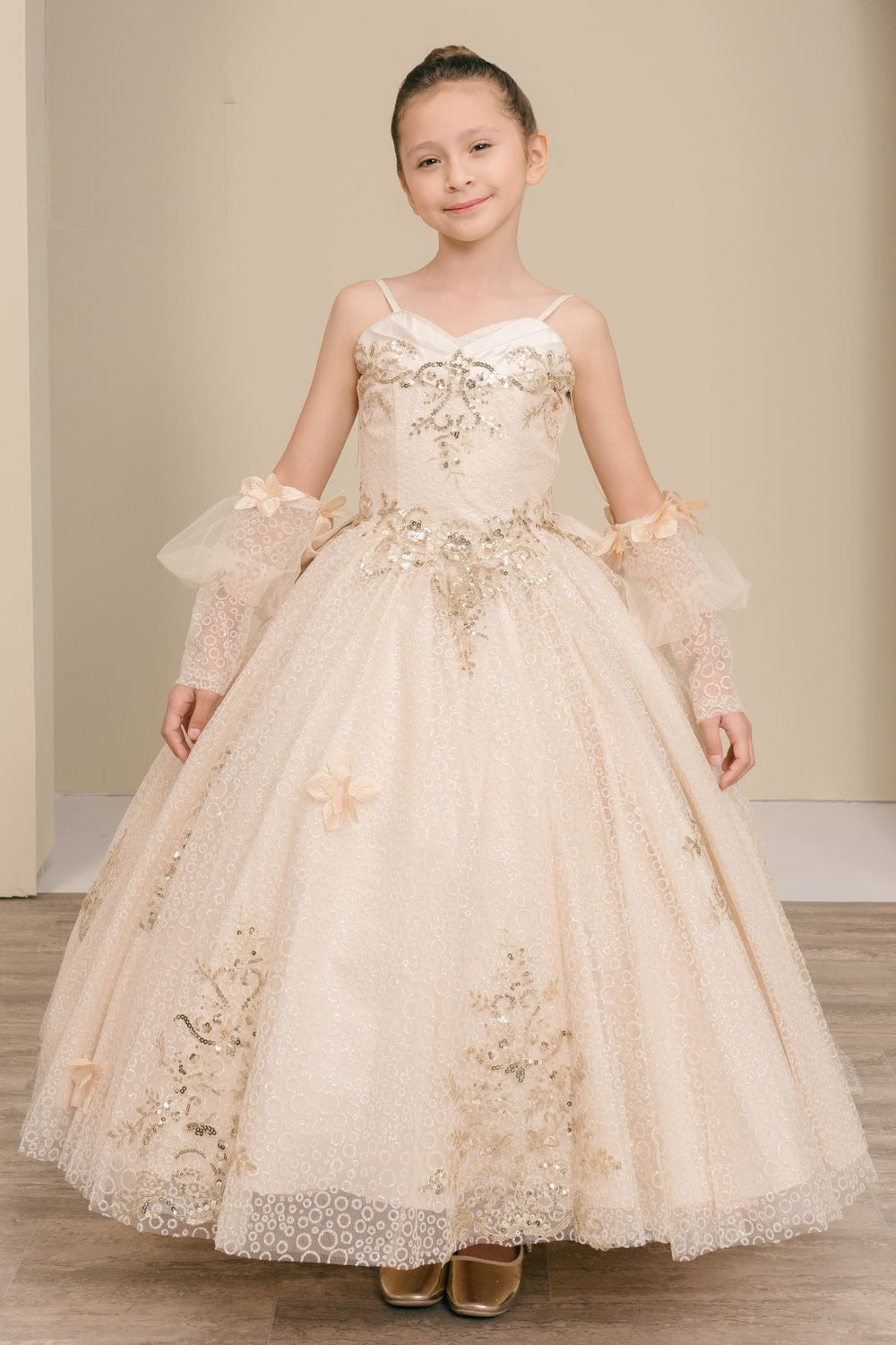 Flower Girl Dresses Applique Glitter Ball Gown Floral Flower Girl Dress Champagne