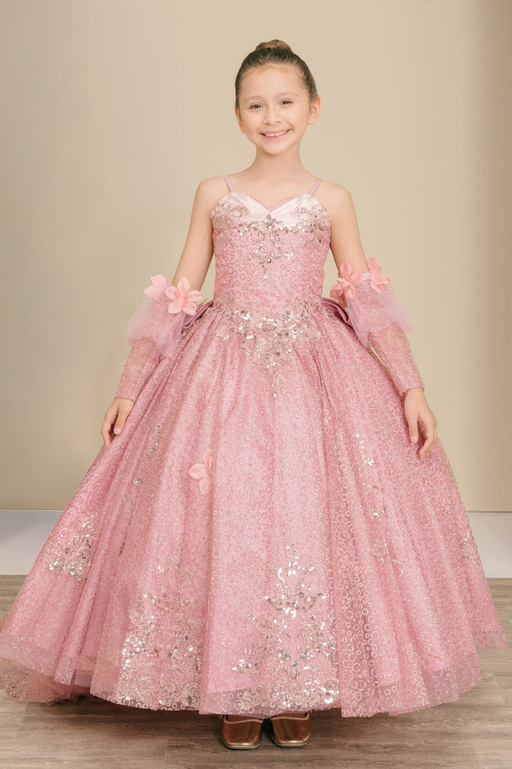 Flower Girl Dresses Applique Glitter Ball Gown Floral Flower Girl Dress Dusty Rose
