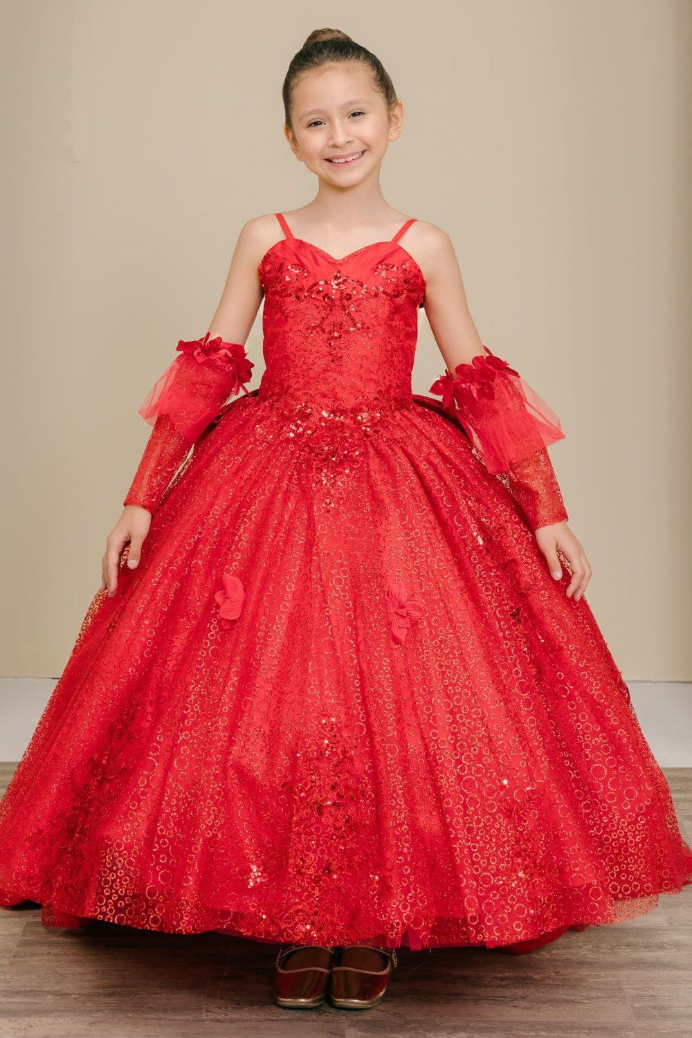 Flower Girl Dresses Applique Glitter Ball Gown Floral Flower Girl Dress Red