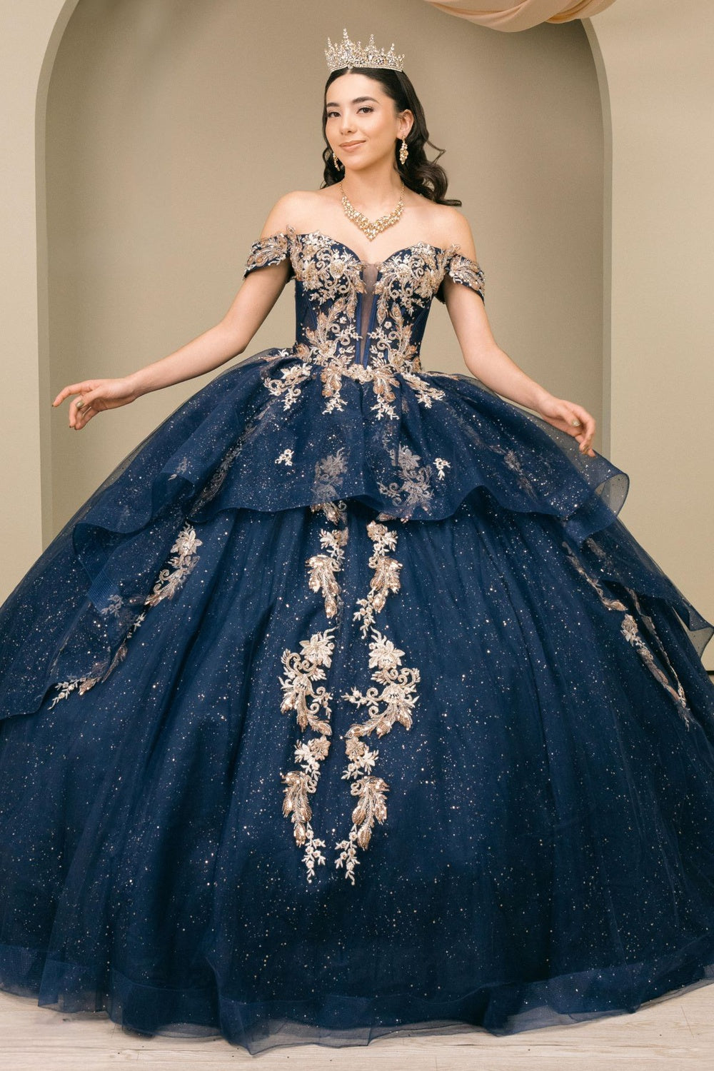 Quinceniera Dresses Long Glitter Ruffle Lace Applique Quinceanera Dress Cinderella Couture 8390JQ Navy