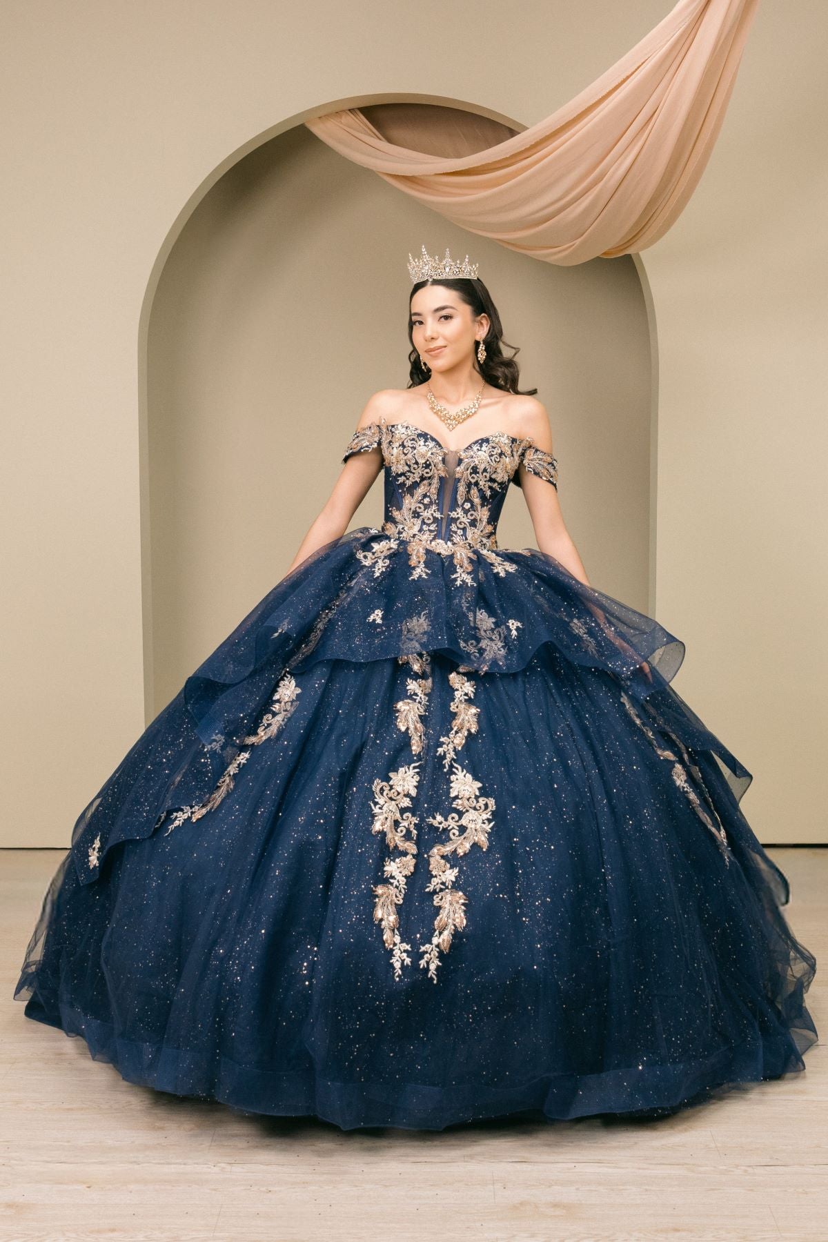 Quinceniera Dresses Long Glitter Ruffle Lace Applique Quinceanera Dress Cinderella Couture 8390JQ Navy