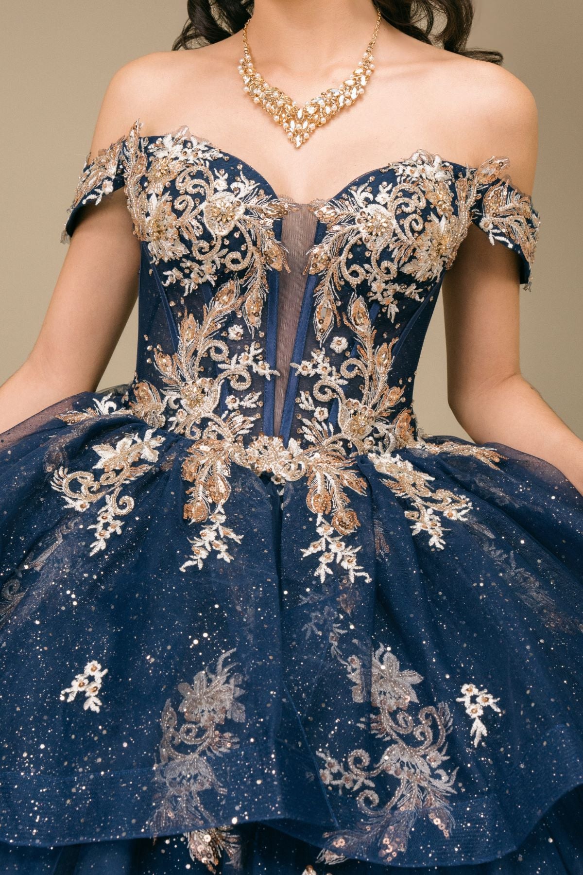 Quinceniera Dresses Long Glitter Ruffle Lace Applique Quinceanera Dress Cinderella Couture 8390JQ Navy