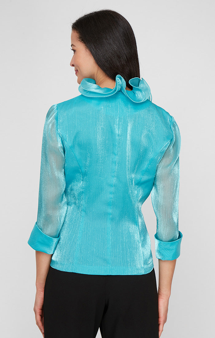 Turquoise High-Neck Hip-Length Organza Formal Top with Ruffle Collar Plus Size Alex Evenings 8492018