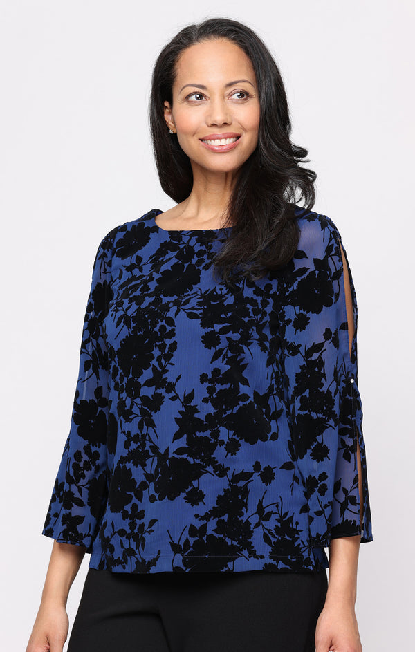 Royal/Black Boat Neck Hip Length Velvet Formal Top Floral Alex Evenings 8295058