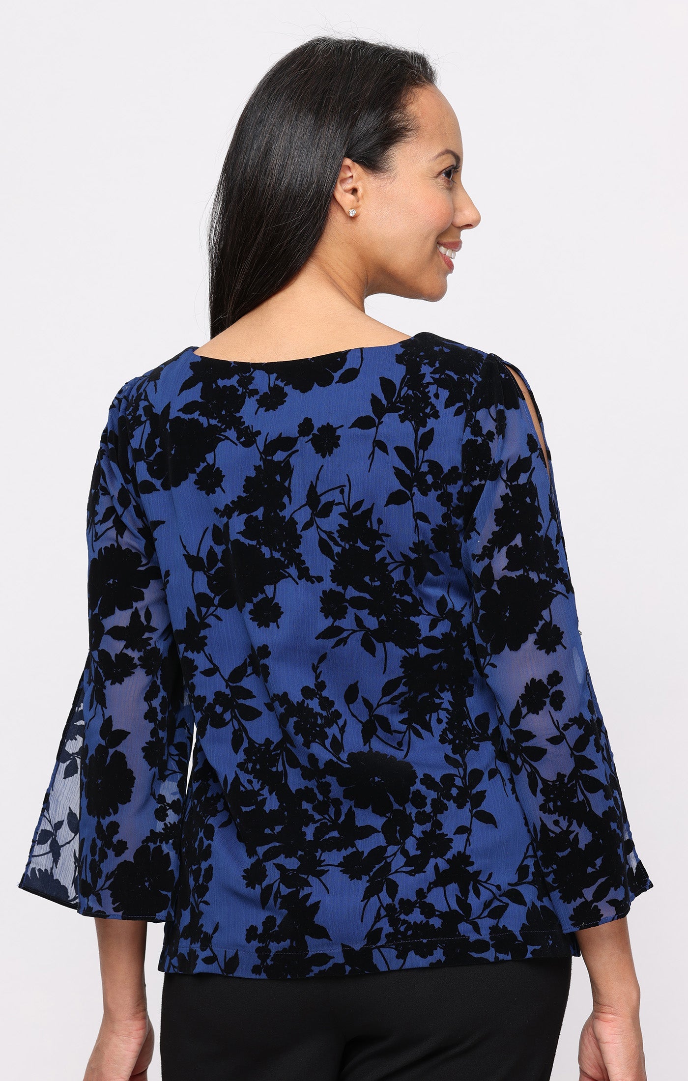 Royal/Black Boat Neck Hip Length Velvet Formal Top Floral Alex Evenings 8295058