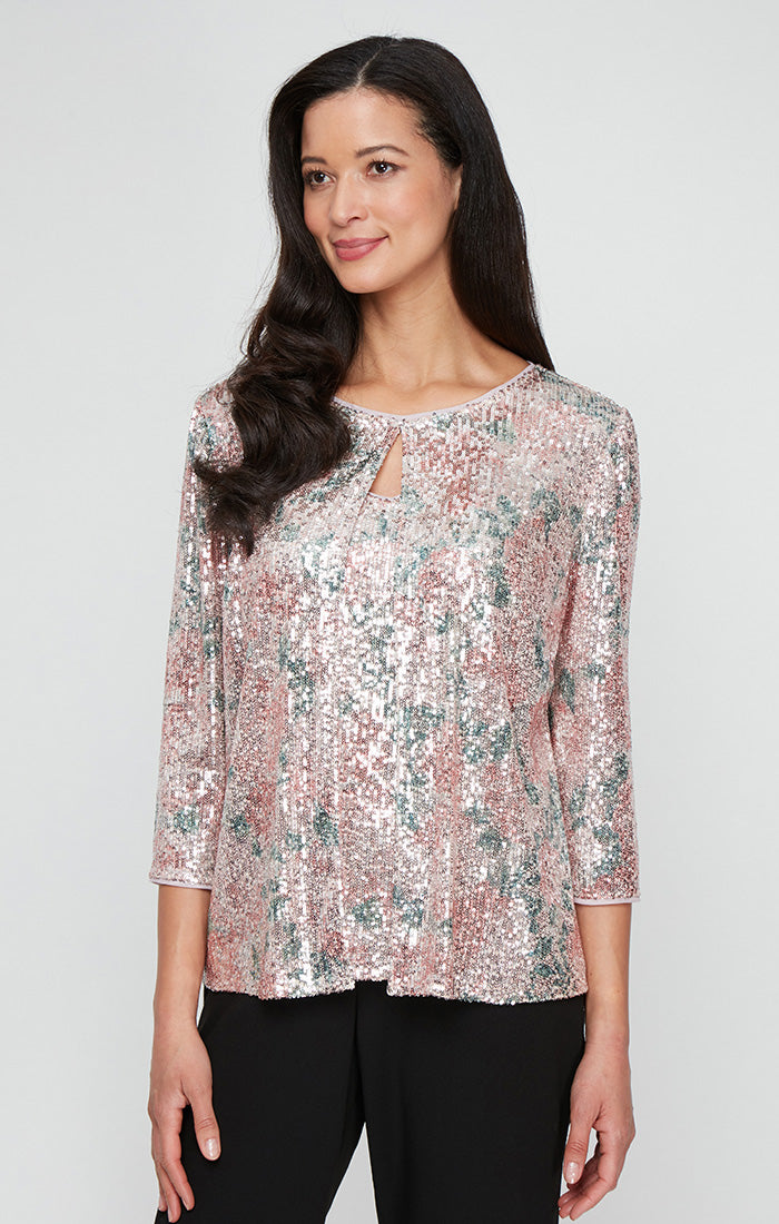 Alex Evenings 8396994 Printed Formal Sequin 3/4 Sleeve Top