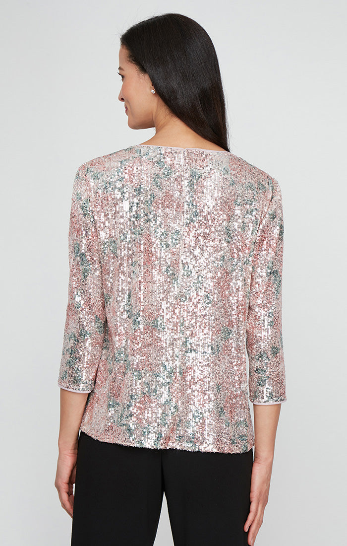 Alex Evenings 8396994 Printed Formal Sequin 3/4 Sleeve Top