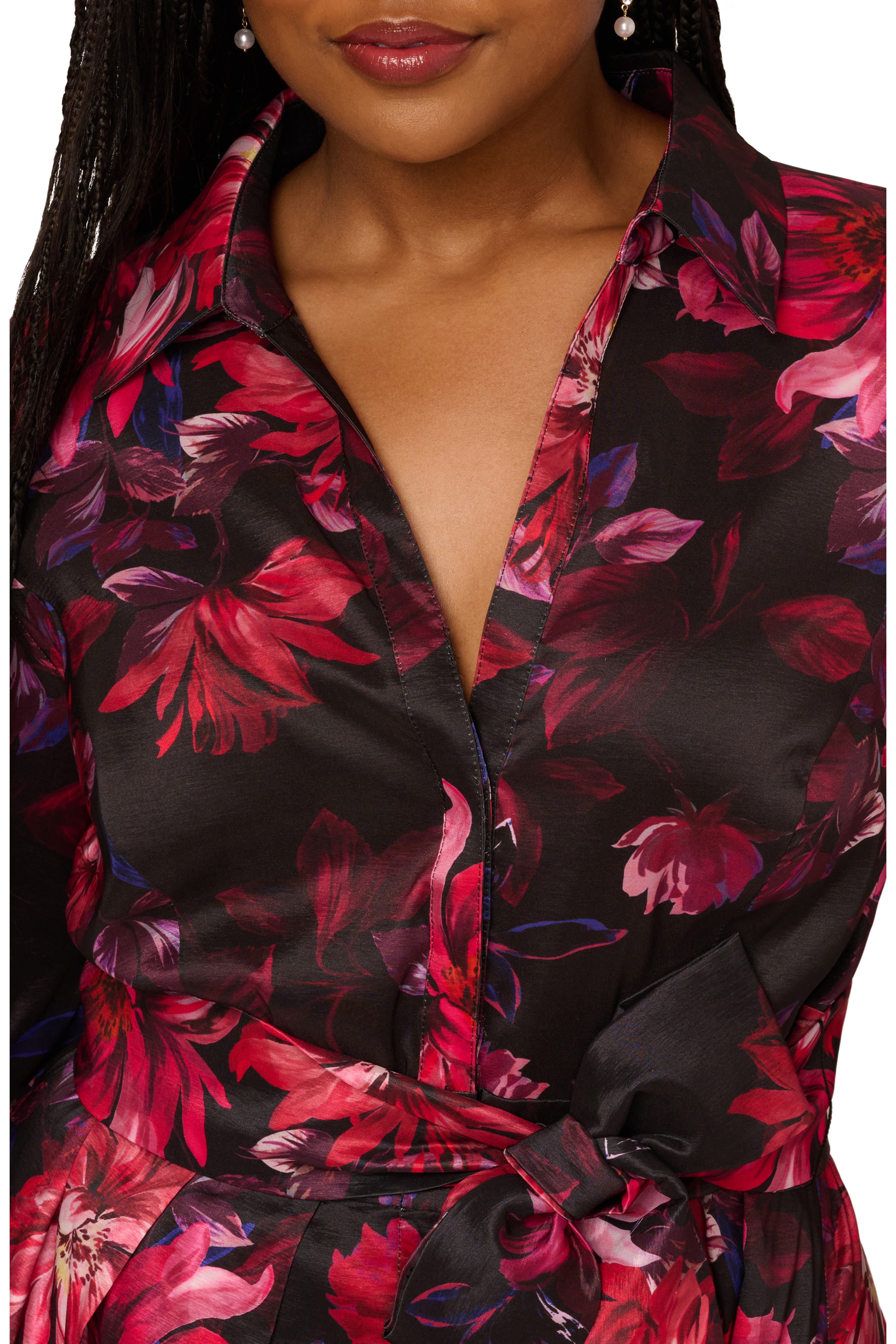 Black Multi Adrianna Papell AP1E212267 V-Neck Midi Satin Cocktail Floral Dress