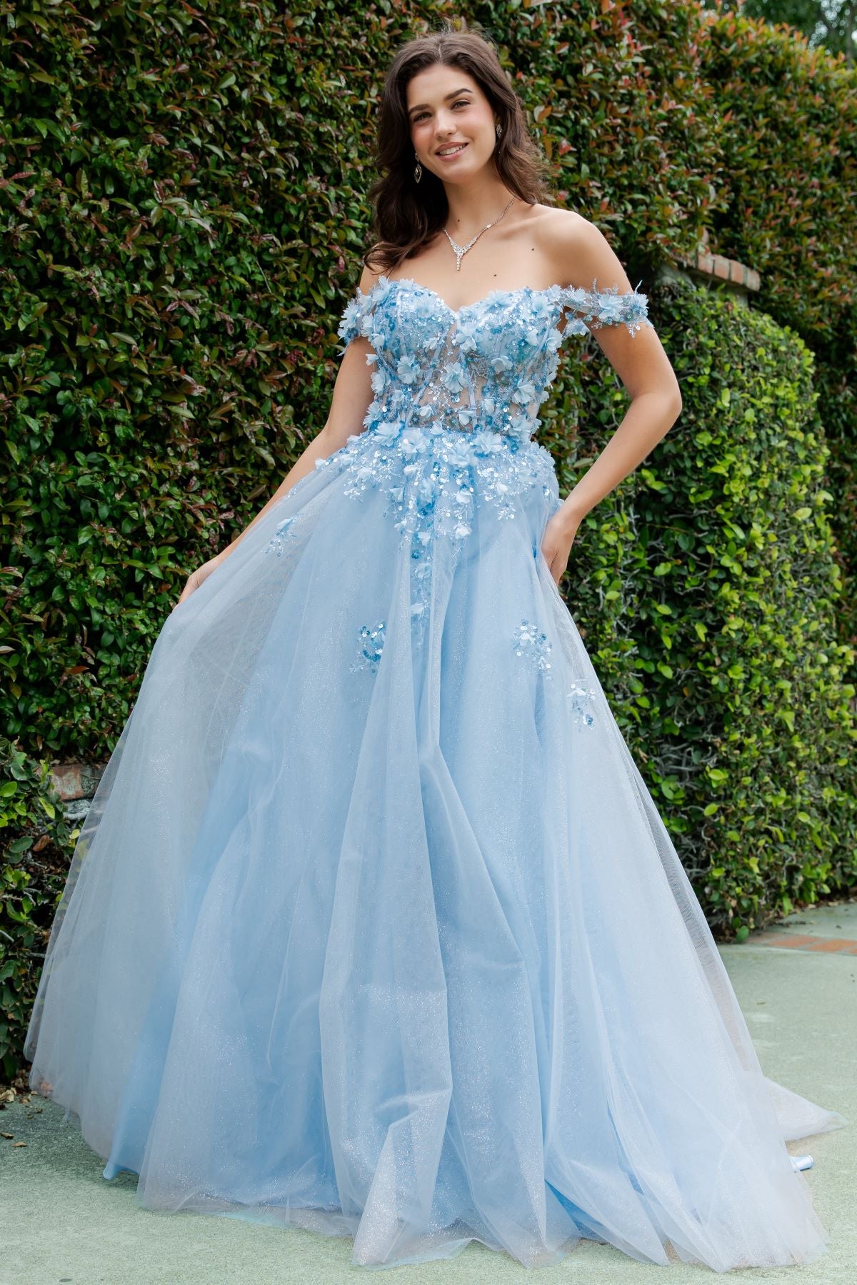 Prom Dresses 3D Floral Applique Long Formal Sequin Prom Dress Cinderella Couture 8403J Blue