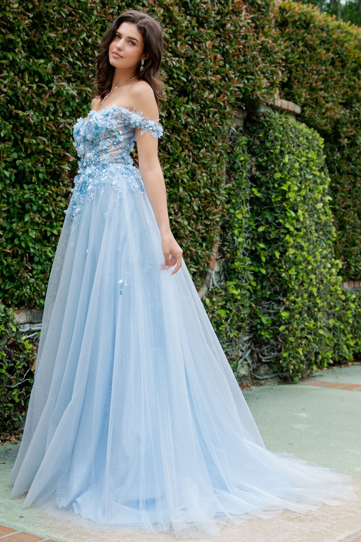 Prom Dresses 3D Floral Applique Long Formal Sequin Prom Dress Cinderella Couture 8403J Blue