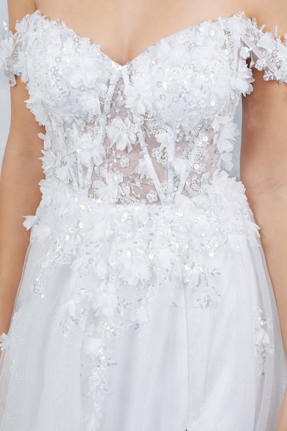 Wedding Dresses 3D Floral Applique Long Bridal Wedding Dress Cinderella Couture 8403J Off White