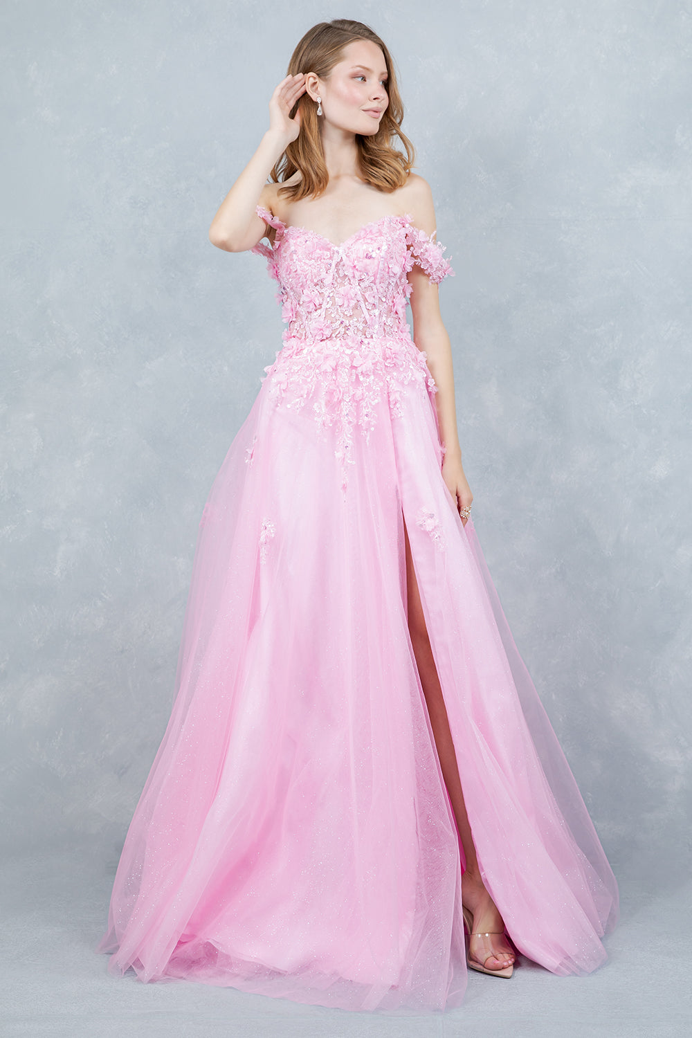 Prom Dresses 3D Floral Applique Long Formal Sequin Prom Dress Cinderella Couture 8403J Pink