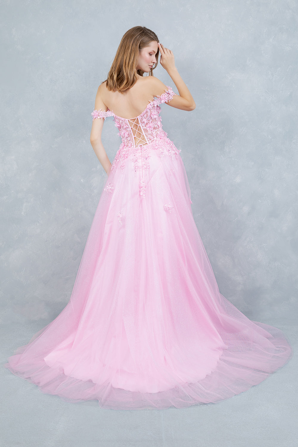 Prom Dresses 3D Floral Applique Long Formal Sequin Prom Dress Cinderella Couture 8403J Pink