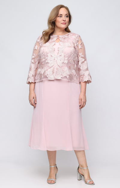 Tea Length Mock Jacket Dress With Illusion Sleeves, Scallop Detail, Hook Neck Closure, and A-Line Skirt Alex Evenings 84122421