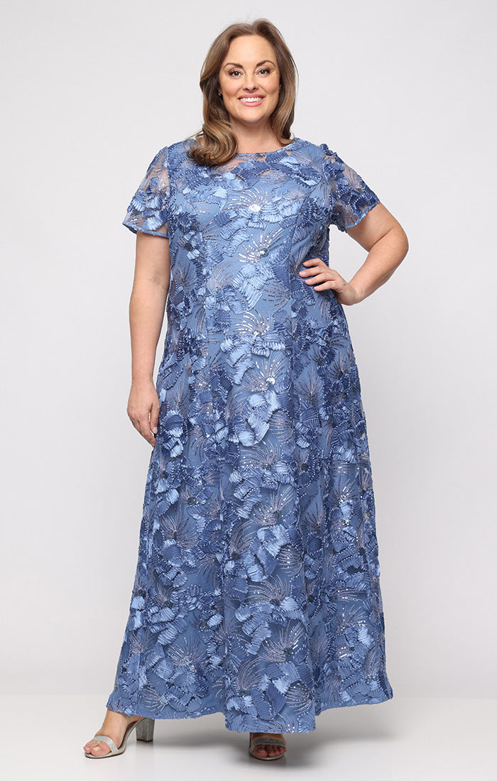 Periwinkle Scoop-Neck Floor-Length 3D Floral Sequin Mesh Formal Gown with Short Sleeves Plus Size Alex Evenings 84122674