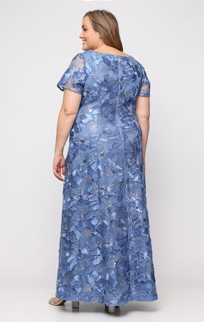 Periwinkle Scoop-Neck Floor-Length 3D Floral Sequin Mesh Formal Gown with Short Sleeves Plus Size Alex Evenings 84122674