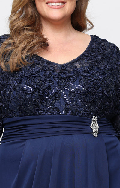 Navy V-Neck Floor-Length Lace Plus Size Dress with Empire Waist  Alex Evenings 84122797