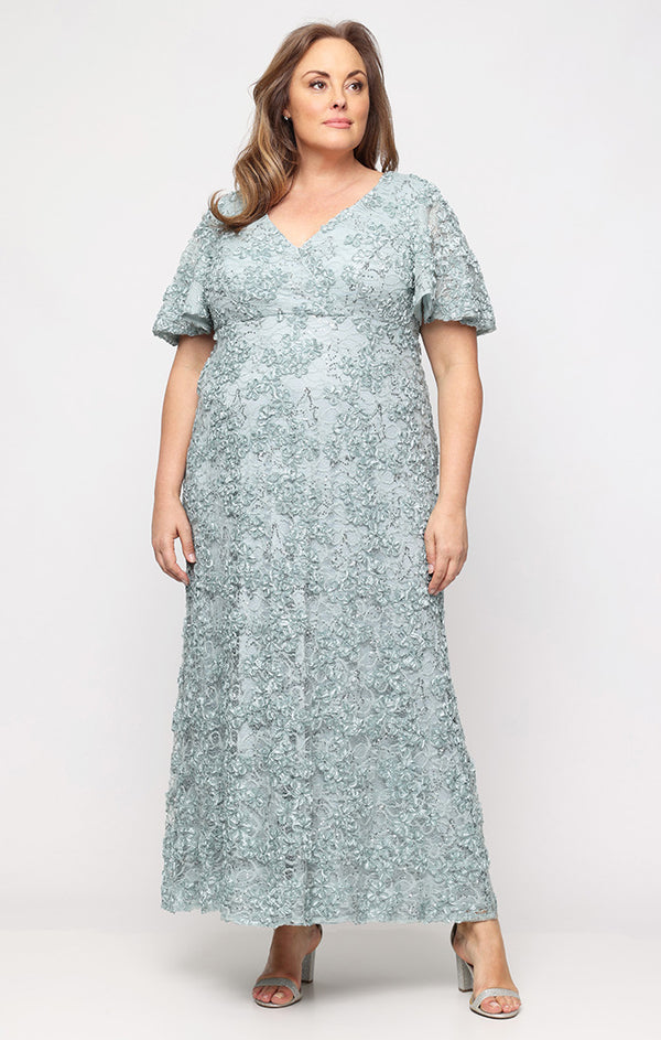 Ice Sage V-Neck Floor-Length Lace Formal Flutter Sleeve Gown Alex Evenings 84122821