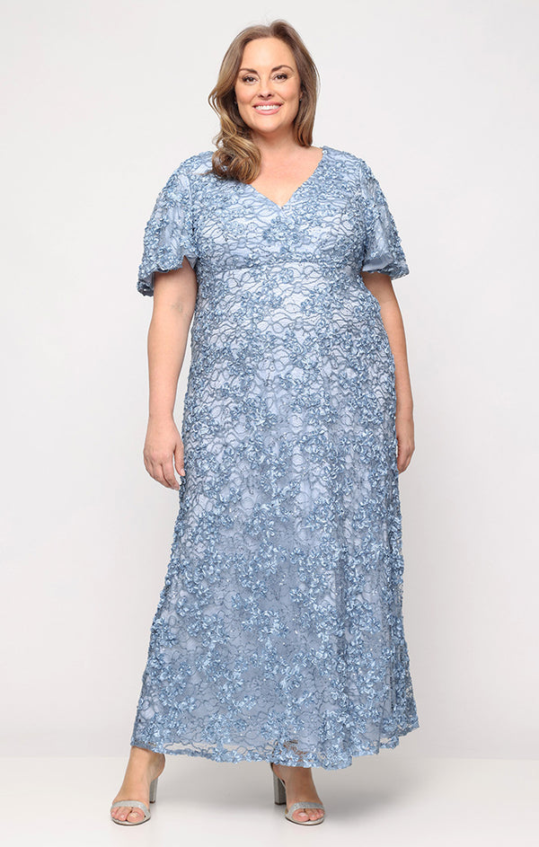 Sky Blue V-Neck Floor-Length Lace Formal Flutter Sleeve Gown Alex Evenings 84122821